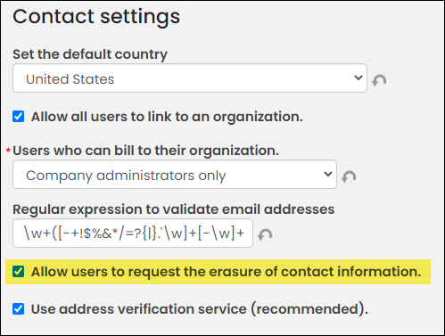 Allow users to request the erasure of contact information setting 