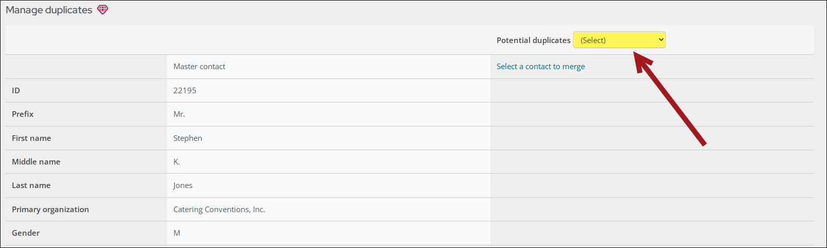 Merge contacts window with emphasis on where to choose a potential duplicate