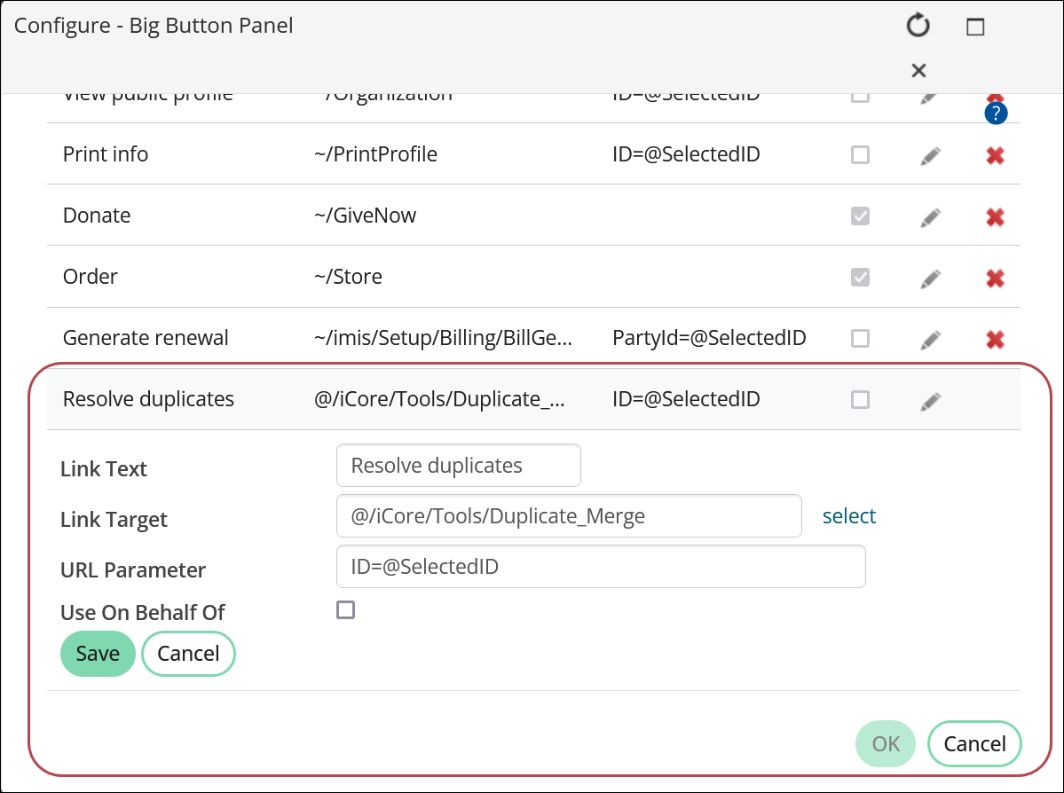 Big Button Panel configuration window with emphasis on how to configure the "Resolve duplicates" link, including the link text, link target, URL parameter, and checkbox for use on behalf of