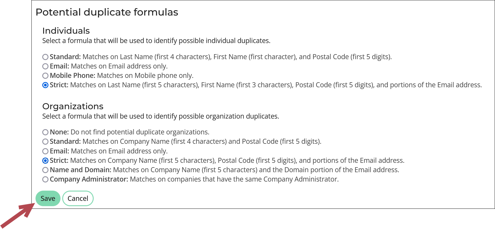 Potential duplicate formuals overview with arrow pointing to save button