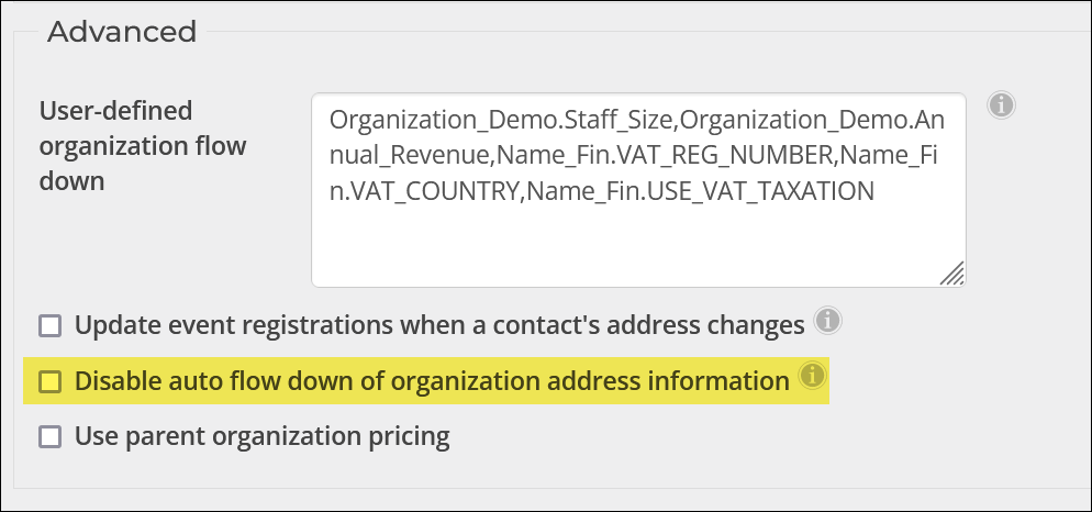 Advanced contacts settings with emphasis on the "Disable auto flow down of organization address information" setting