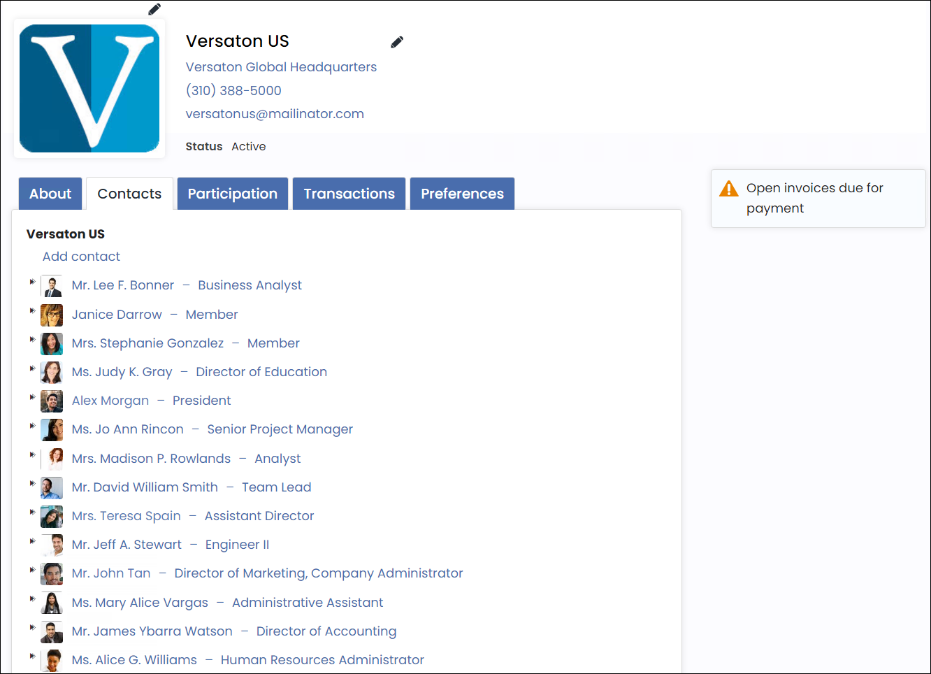 View of organization account page with "Contacts" tab selected