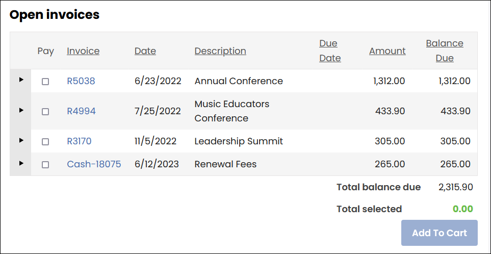 Open invoices area on account page