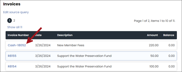 Selecting an invoice from the account page