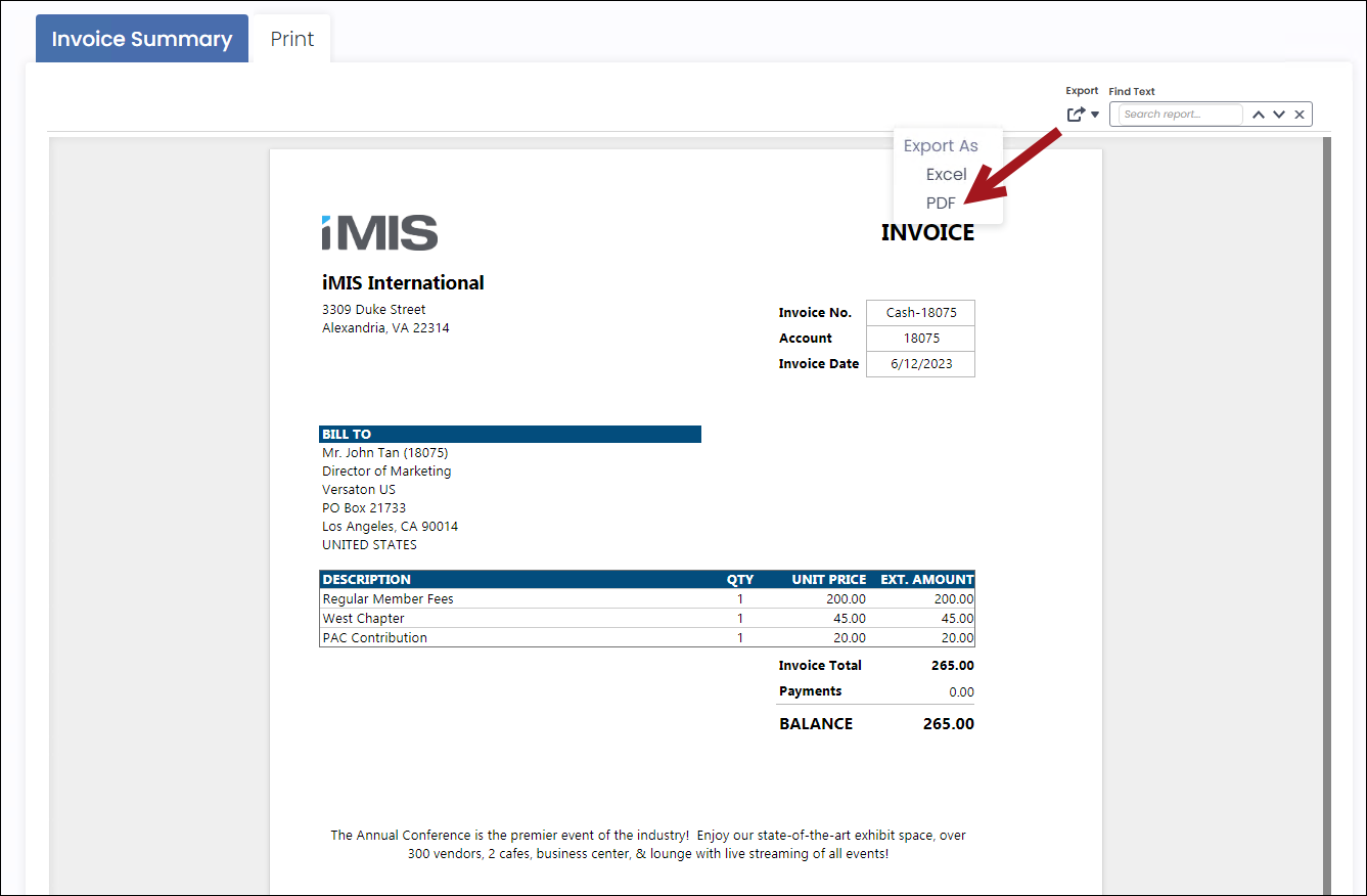 Exporting the invoice