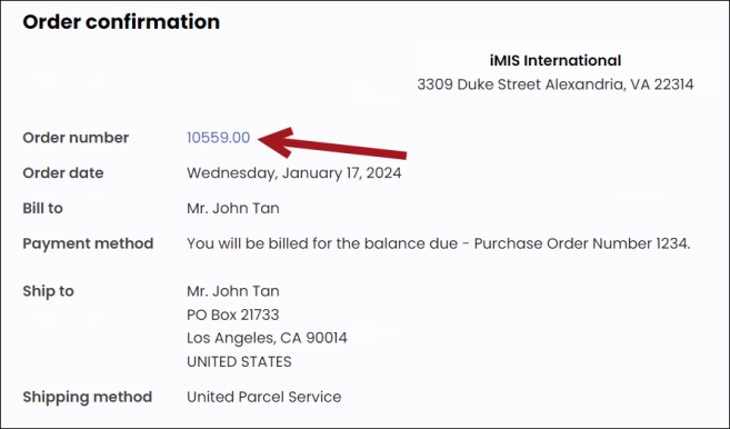 Selecting the order number from the order confirmation