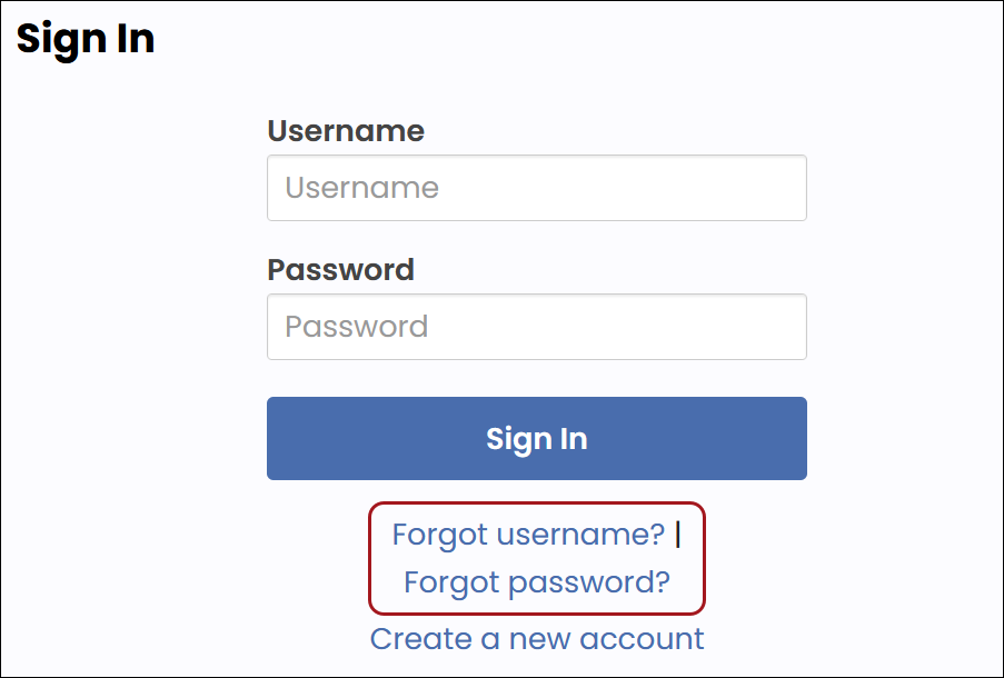 Sign in page with emphasis on the "Forgot username?" and "For got password?" links