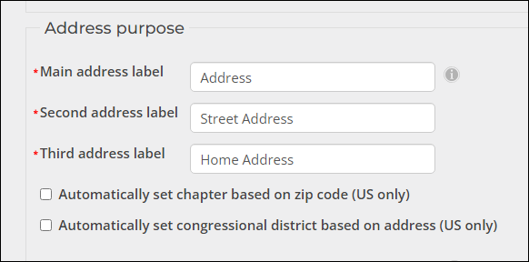 Address purpose options in the settings