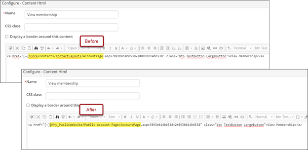 Screenshot of the content item configuration screen, which shows the link before and after it has been updated to point to the custom account page.