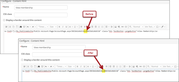 Screenshot of the configure content item window, which highlights tab before and after the change in the link.