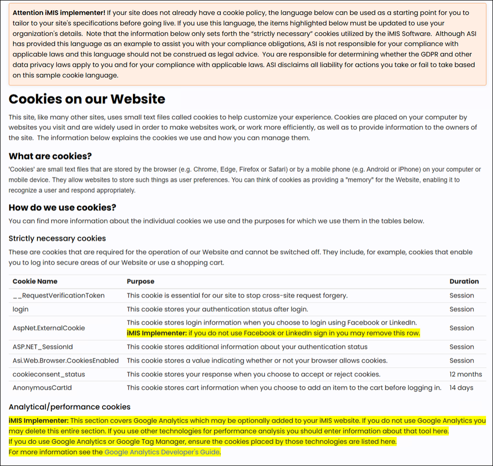 The Cookie Policy content record has specific instructions about what must be updated.