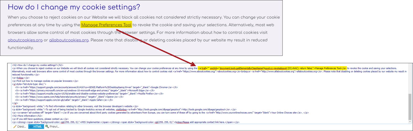 Link to change the cookie settings