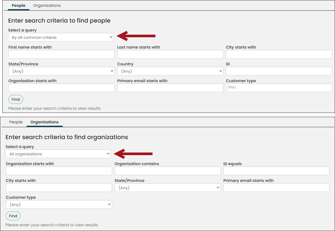 Search page for people and organizations with emphasis on the query drop downs that allow you to pick a new query to search with