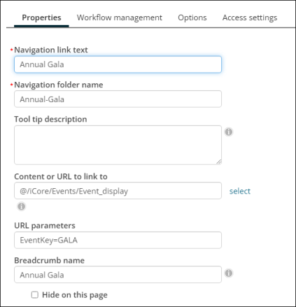 Enter the Navigation link text, Content or URL to link to, and URL parameters for the new navigation. Be sure to click save.