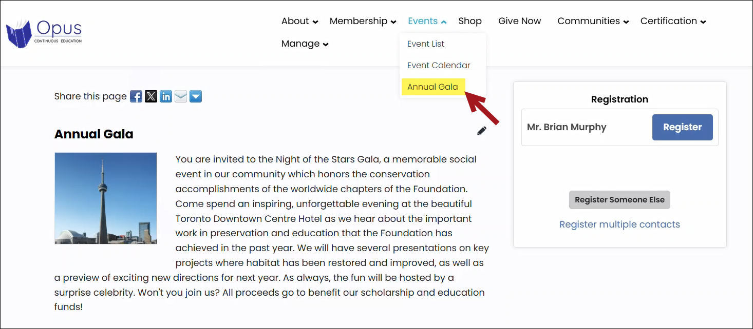 Viewing an exampl event from the Event drop-down