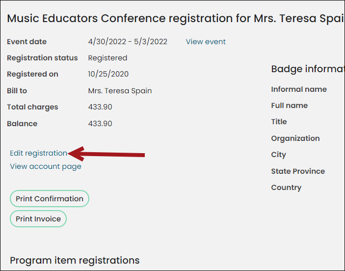 Select Edit registration to make any edits to the registration.