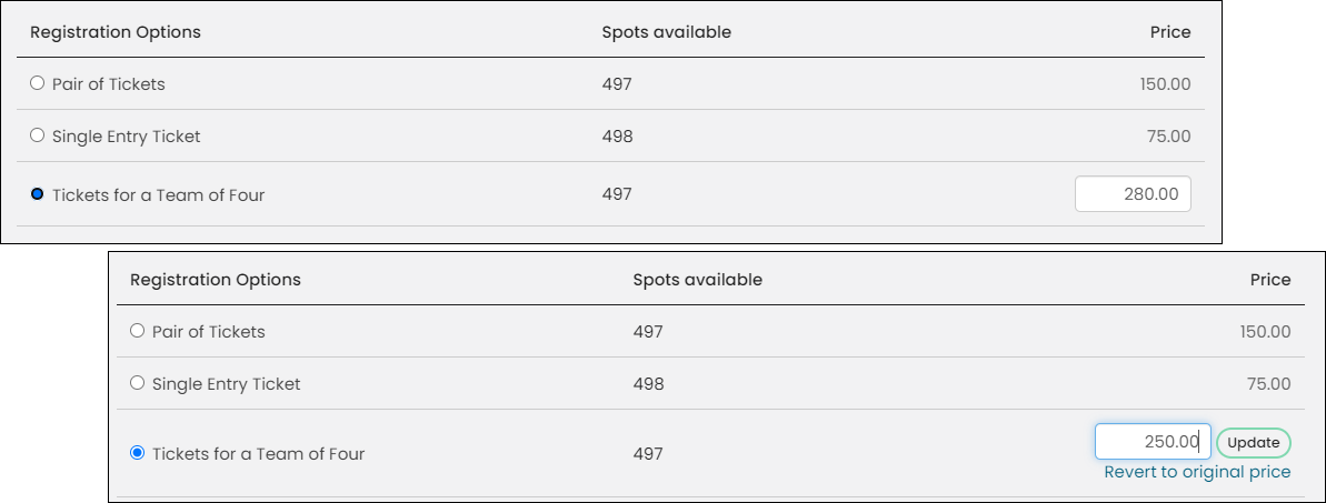 Click the Price textbox for the registration option, enter a new price, and click update.