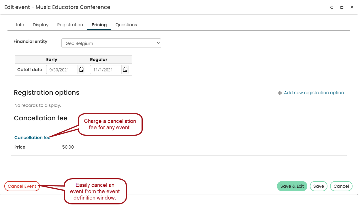 An image showing the pricing tab when editing an event, showing cancellation fees and the 'Cancel Event' button.