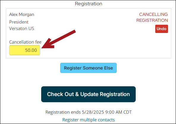 Viewing the Cancellation fee field is above the Register button