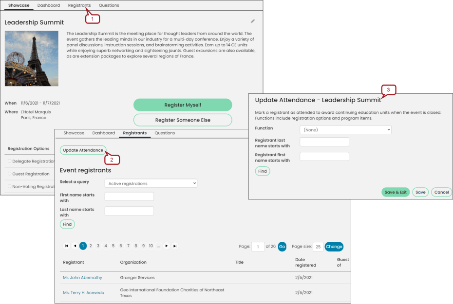 From the registrants tab you can also update attendanc for registration options.