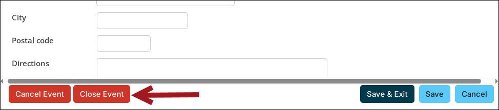From the event showcase tab click the edit icon, then scroll to the bottom of the event window and click close event.