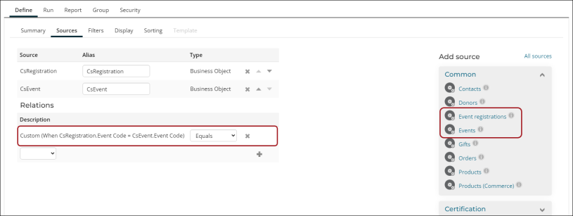 Create the CS registration. event code equals CS event. event code relationship.