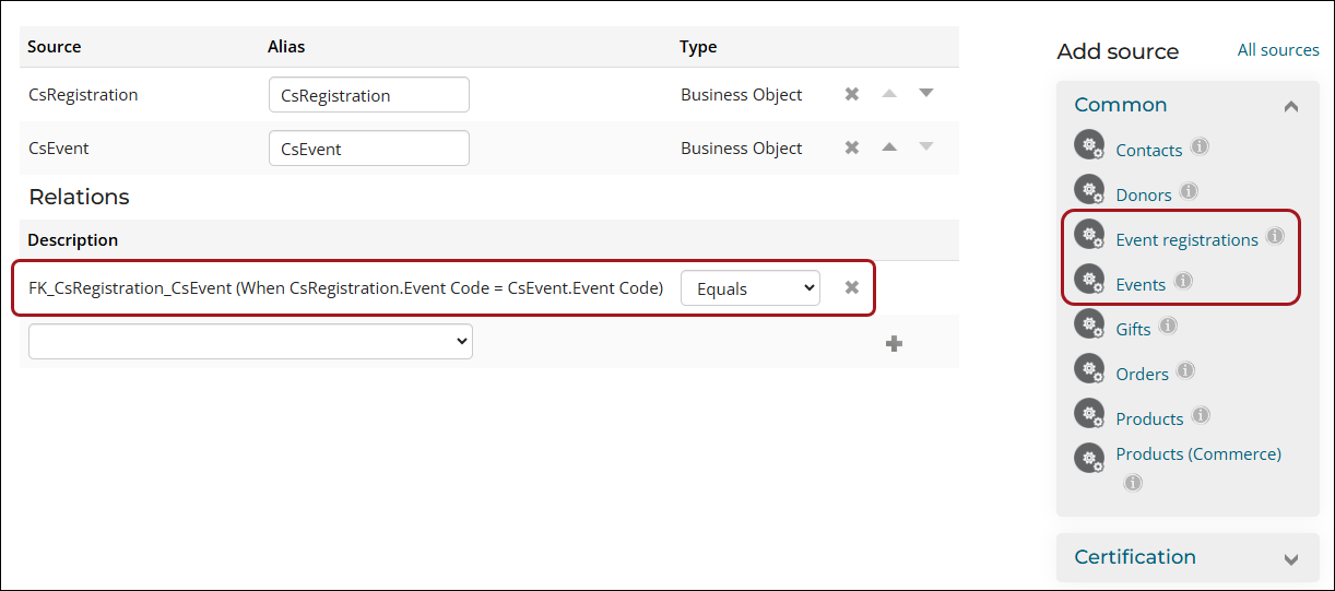 Screenshot of the IQA query editor, which shows the default join of CsRegistration.Event Code and Cs.EventCode.