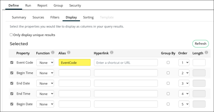 Viewing the Display tab of the query