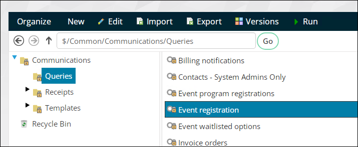 From the queries folder select the event registration query.