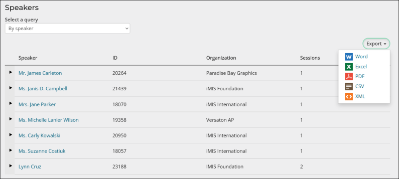 From the export button select the desired export file.