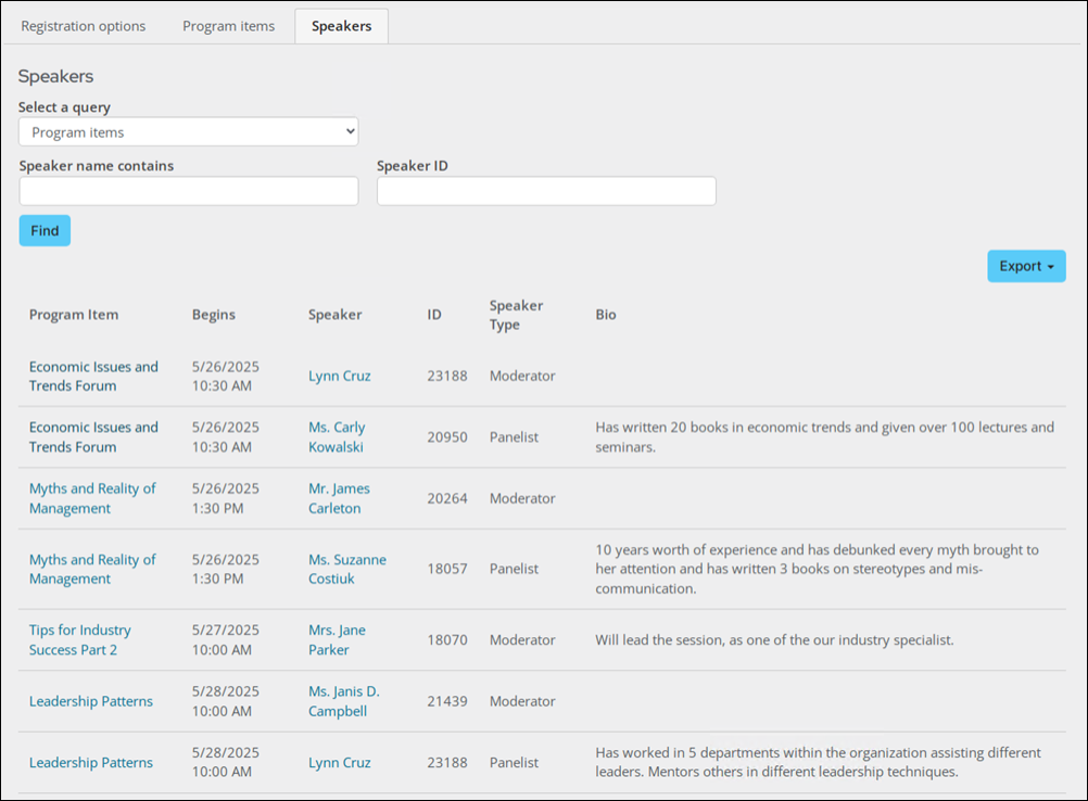 On the speakers page, the Program items query lists the speakers for each program item