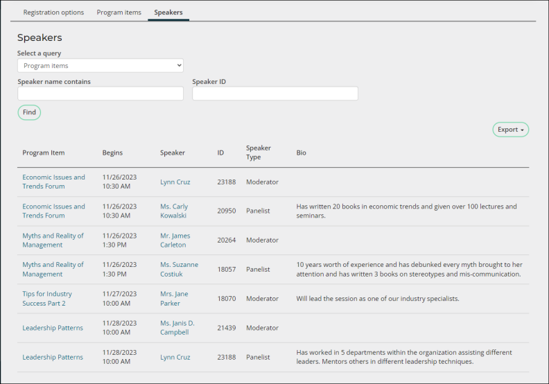 On the speakers page, the Program items query lists the speakers for each program item
