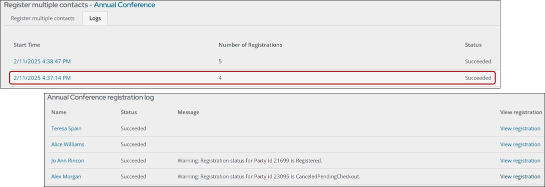 The register multiple contacts logs tab allows you to see registration statuses after contacts have been registered.