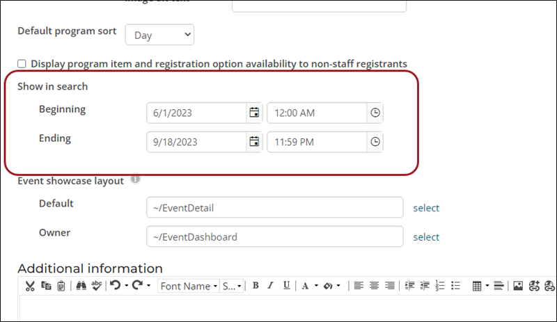 A call out showing the 'show in search' date fields.