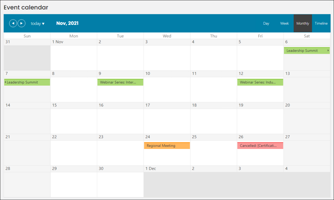 Go to Events > Calendar to view events by Day, Week, Monthly, or Timeline. Events listed on the Event calendar are color-coded to indicate visibility and availability for registration.