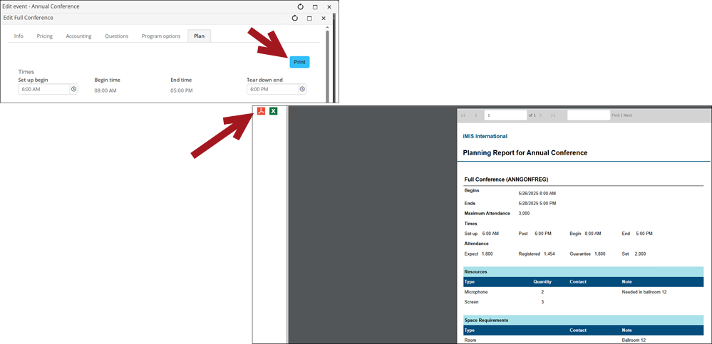 After clicking the print button, you can export the report to PDF or Excel.