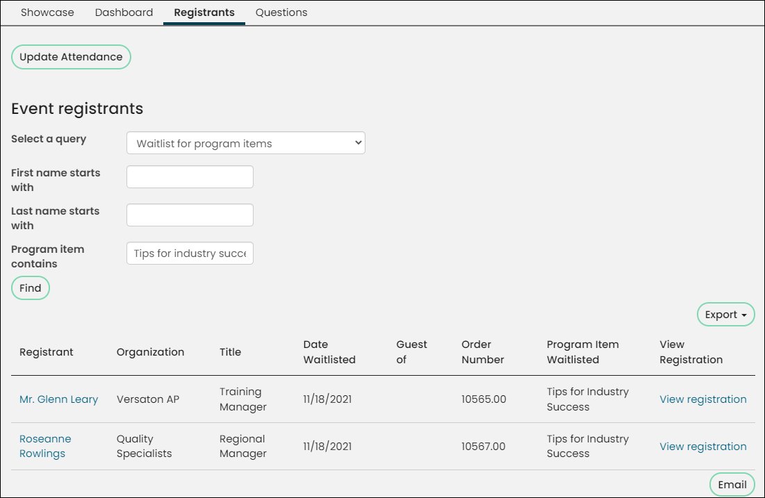 From the registrants tab, you can export and e-mail wait listed registrants.