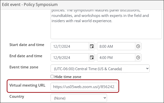 Add zoom meeting URL to the virtual meeting URL field.