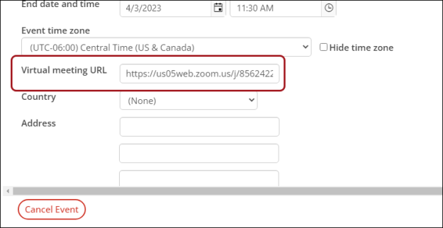 Add zoom meeting URL to the virtual meeting URL field.