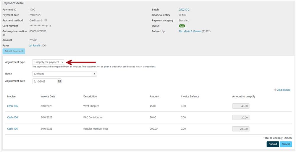 Payment detail with unapply payment selected