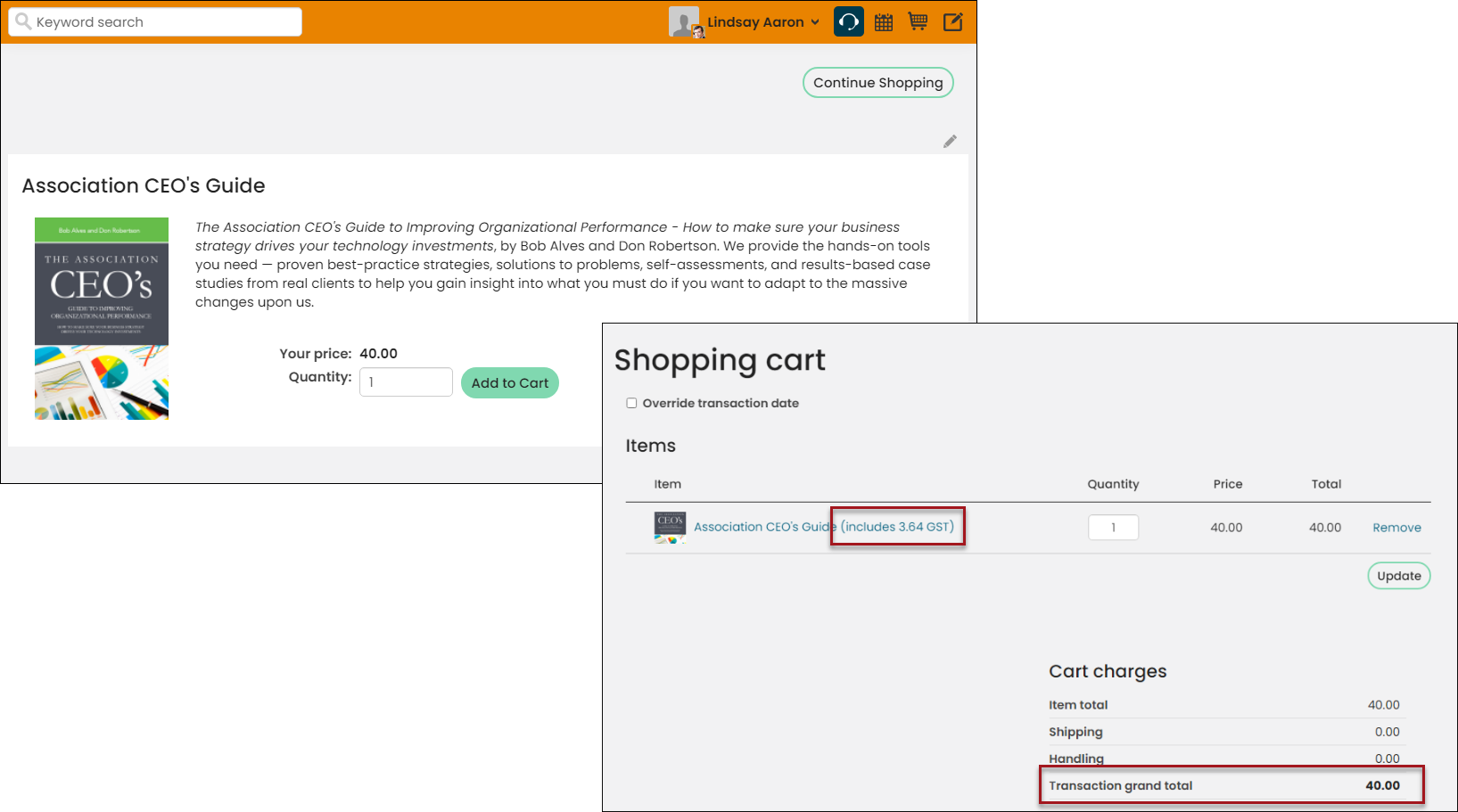 Showing the GST added to a product in the cart