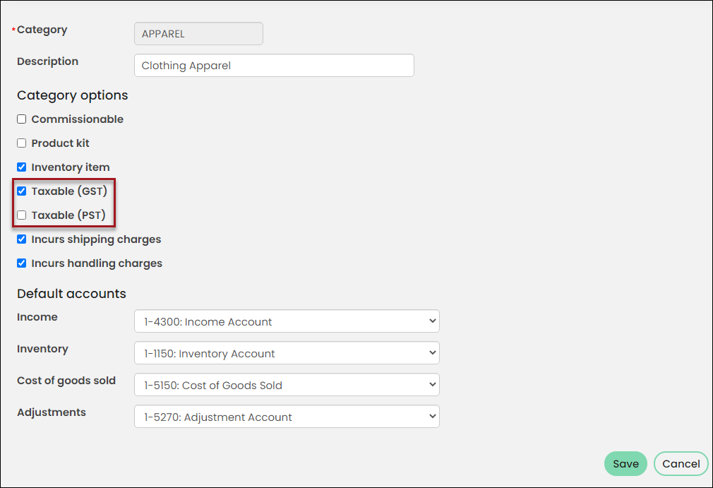 Enabling the taxable options in the product category