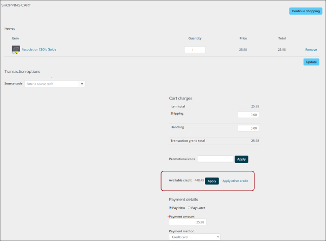 Showing where the available credit appears in the cart