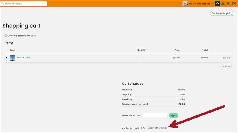 Below the cart charges area, select apply other credit.