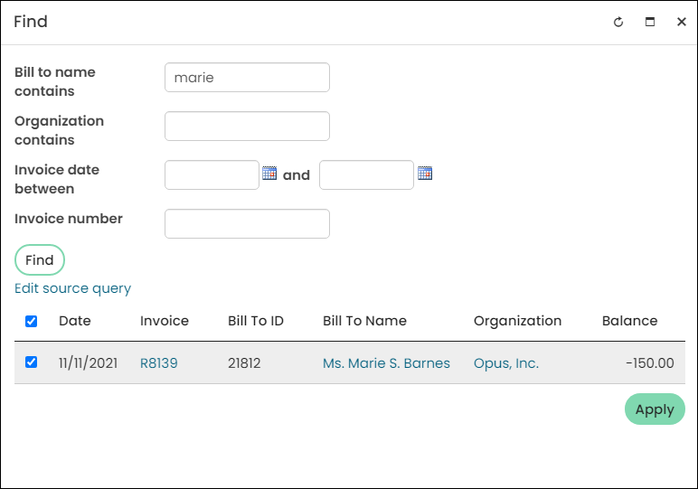 Select the check box next to the invoice credit you want to apply.