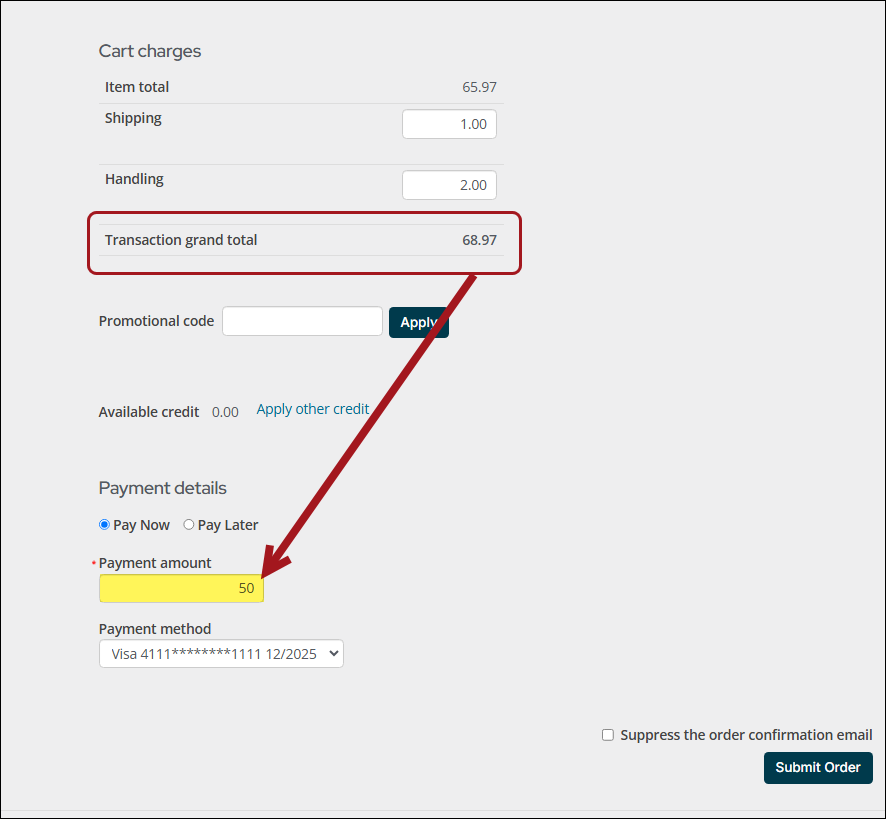 Changing the payment amount to be a partial amount of the grand total