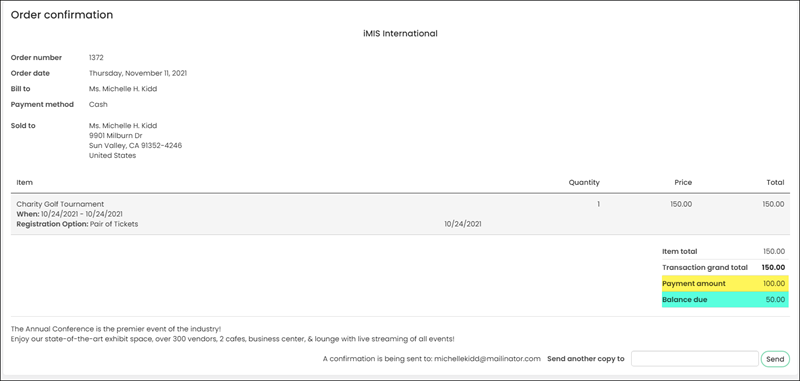 Showing in the order confirmation the payment amount and balance due