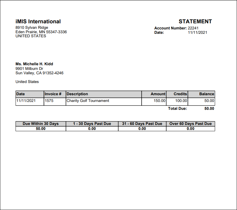 Showing the contact account statement balance