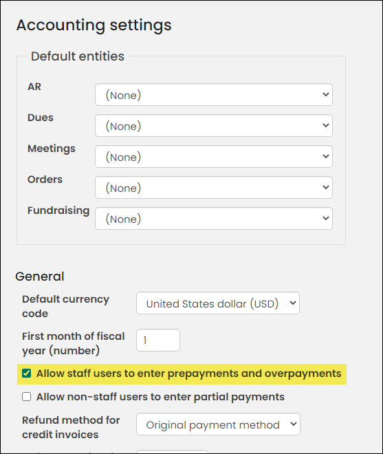 Enabling the allow staff users to enter prepayments and overpayment setting