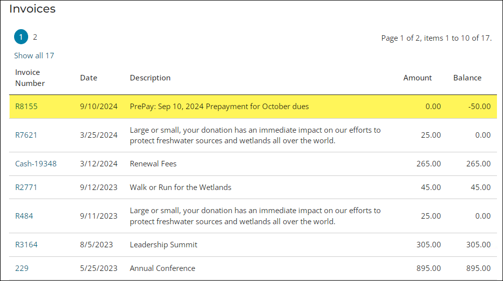 Transaction and the invoices panel